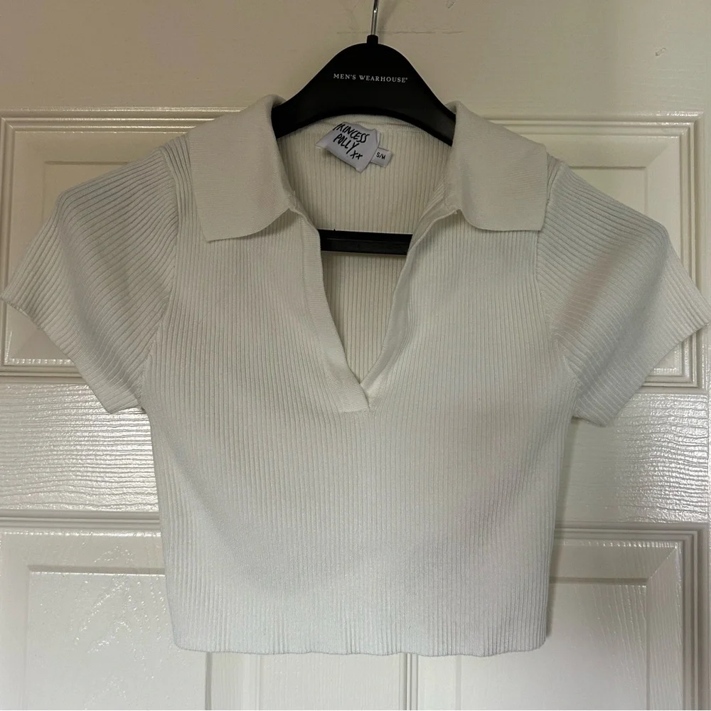 BOGO ⚡️ Princess Polly Chelsie Knit Cropped Polo Top In White - Picture 2 of 2